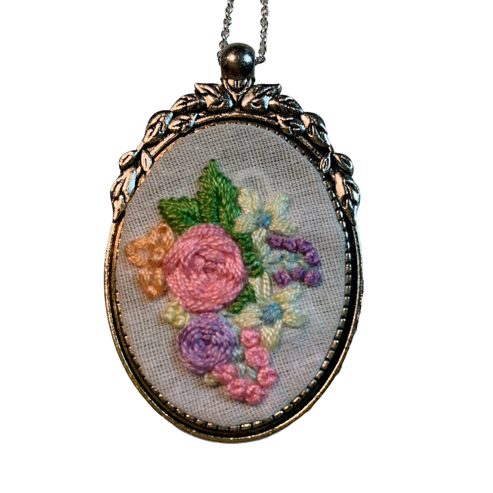 Handmade Flower Bouquet Embroidery Necklace - Spring Pastels - Roses & Buds